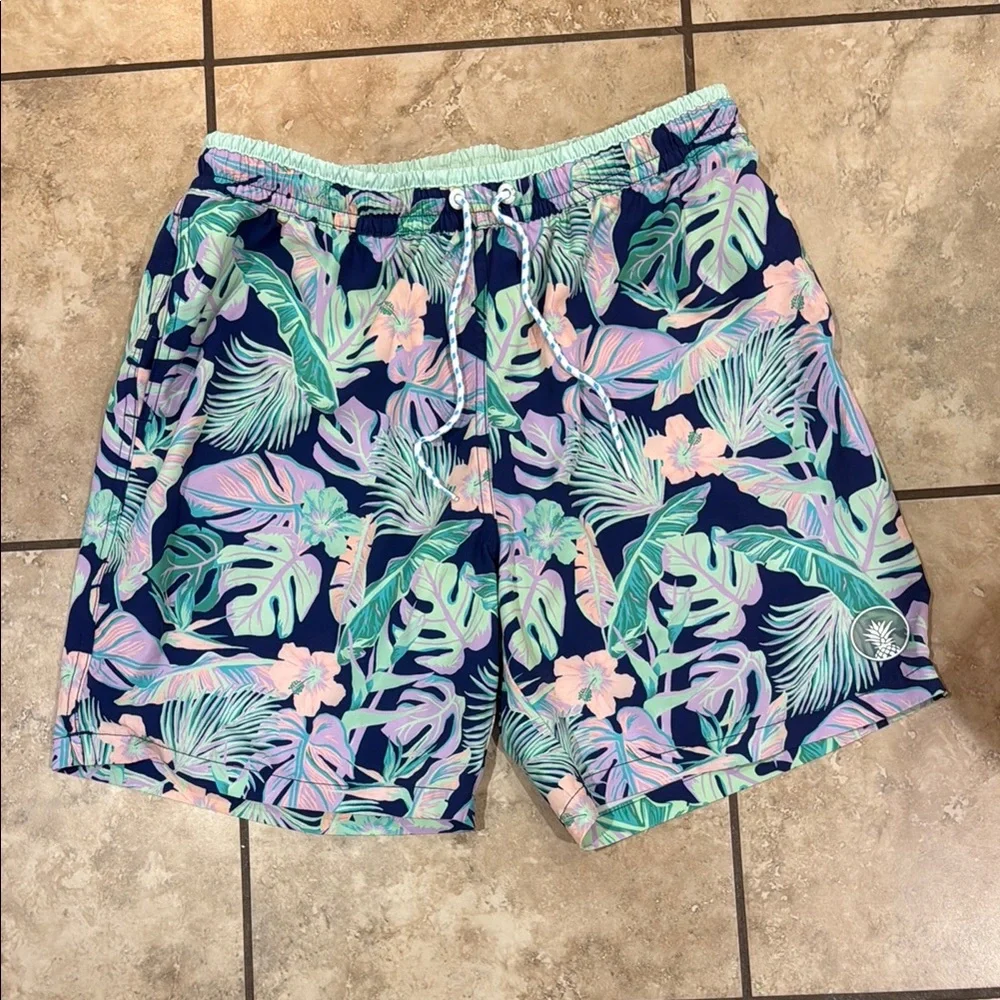 Men's Tropical Leaf Swim Shorts - Navy with Mint & Pink